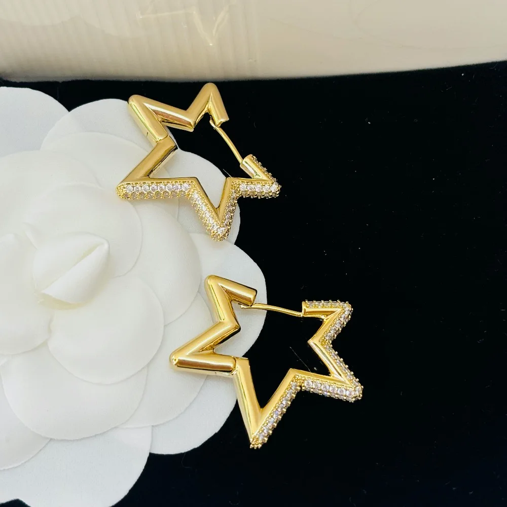 Free Shipping Pentagram Earrings Fashion women\'s Earrings Golden Jewelry Sparkling Zircon Girls Christmas Gift Wholesale