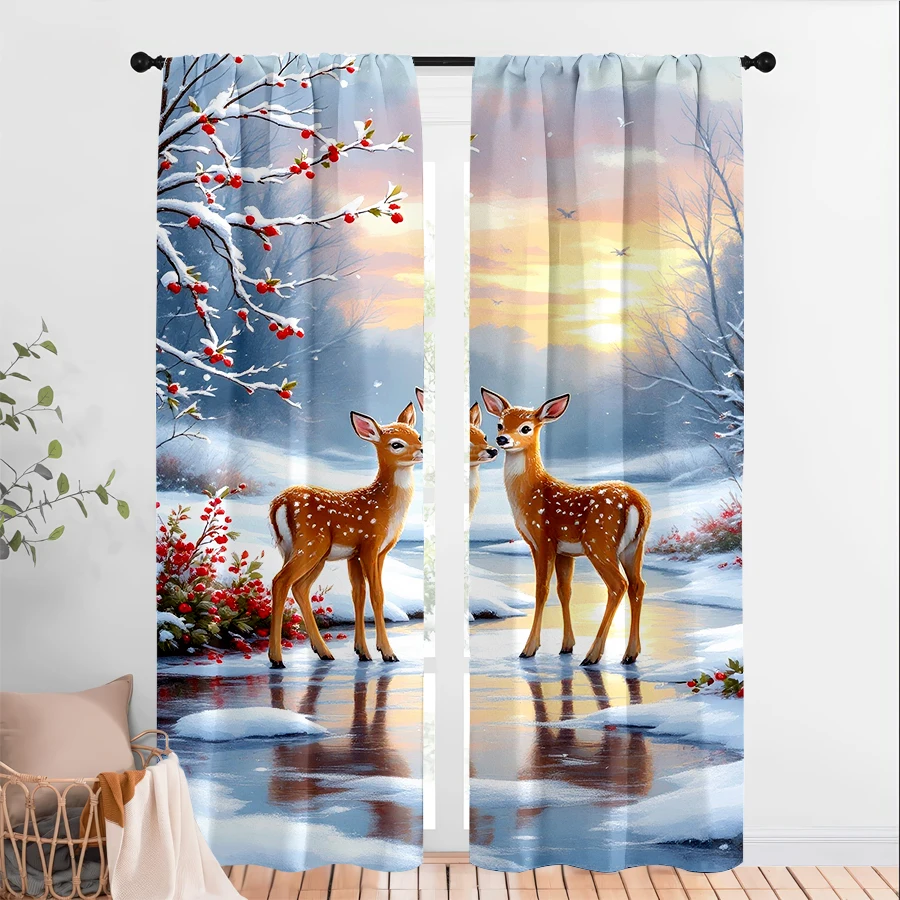 2PCS Digital Print Curtains, Winter Sunset Snow Scene Two Fawns Red Berry Branches Lake Reflection, Warm Peaceful Nature Style