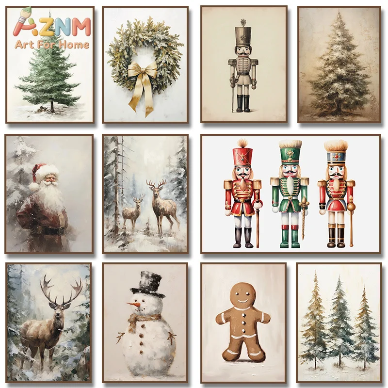 Vintage Christmas Tree and Santa Claus Poster Winter Farmhouse Scenery Wall Art Canvas Painting Modern Living Room Holiday Decor