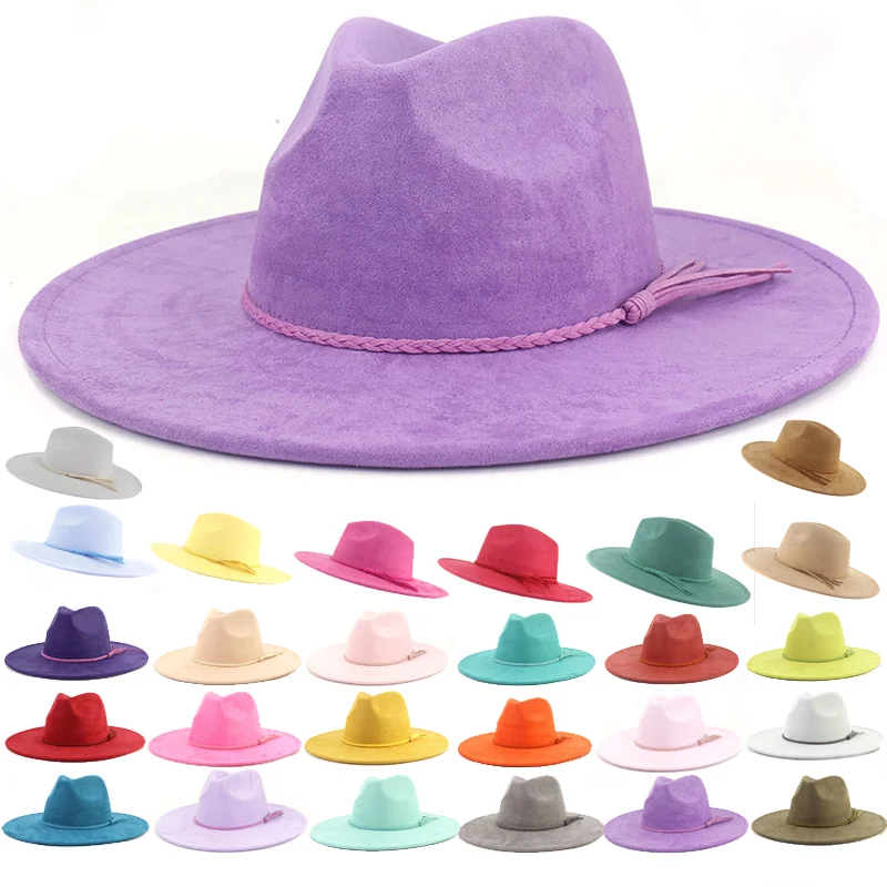 Wildleder Zylinder 9,5 cm Breite Krempe Fedora Hut Männer Frauen Herbst Winter Filz Jazz Hüte Klassische Kirche Fedoras Chapeau sombrero Mujer