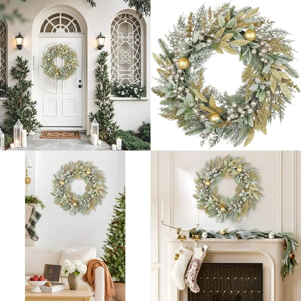 

Блестящий искусственный рождественский венок 24–26 дюймов с сосной, ягодами и зимним декором для дверных проемов