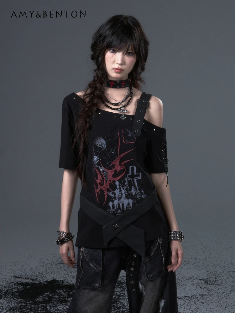 

Street Punk Subculture Print Off-the-shoulder Straps Belt Splicing Loose Short-sleeved T-shirt Top Gothic Y2K Top Summer New