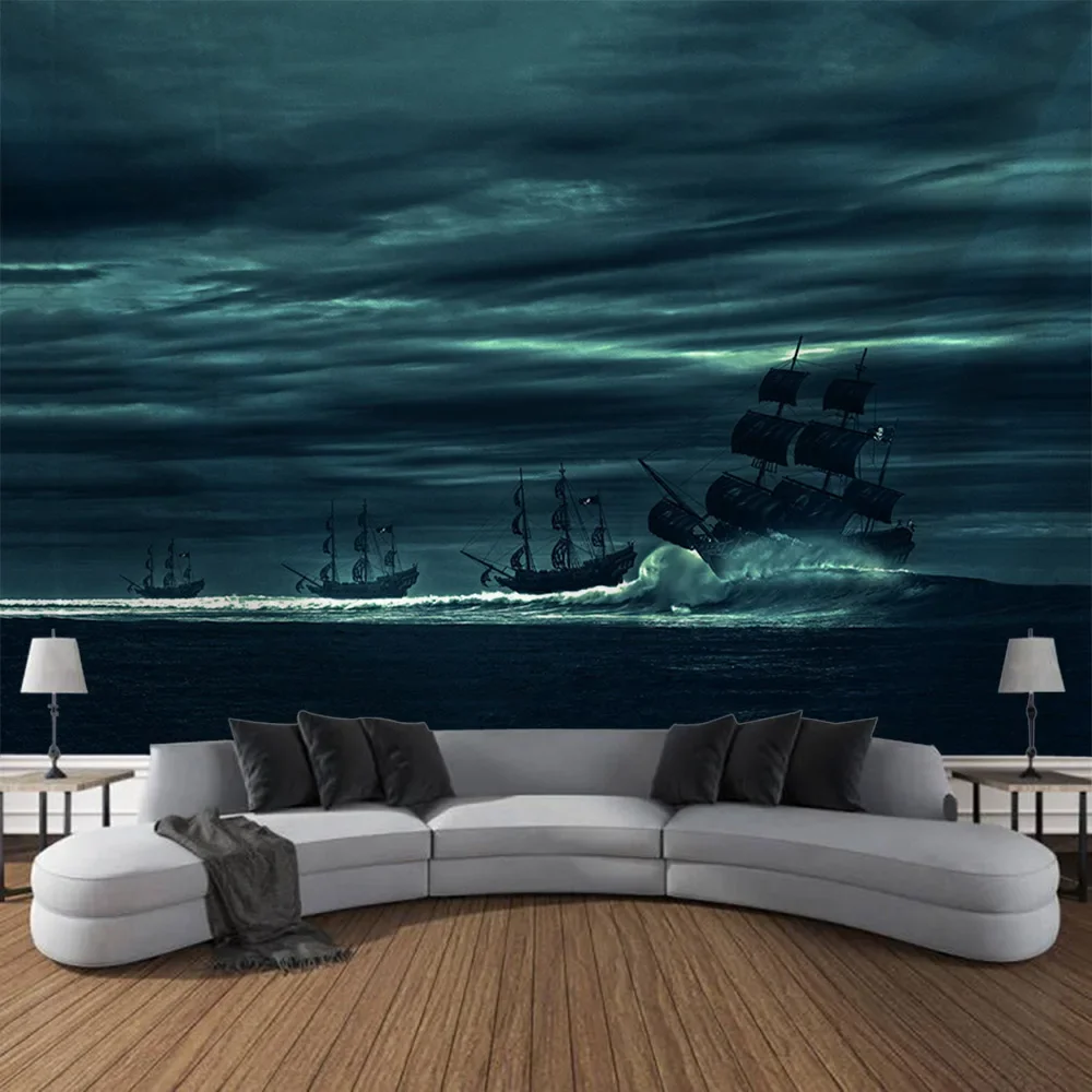 Sea view, pirate ship, tapestry, wall hanging, starry sky, fantasy, home wall decoration, background cloth, bedroom, dormitory