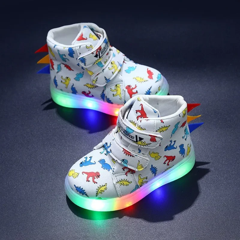 Children's High Top Sneakers 2024 New LED Lighted PU Kids Shoes Fashion Dinosaur Print Boys Casual Shoes Luminous Board Shoes