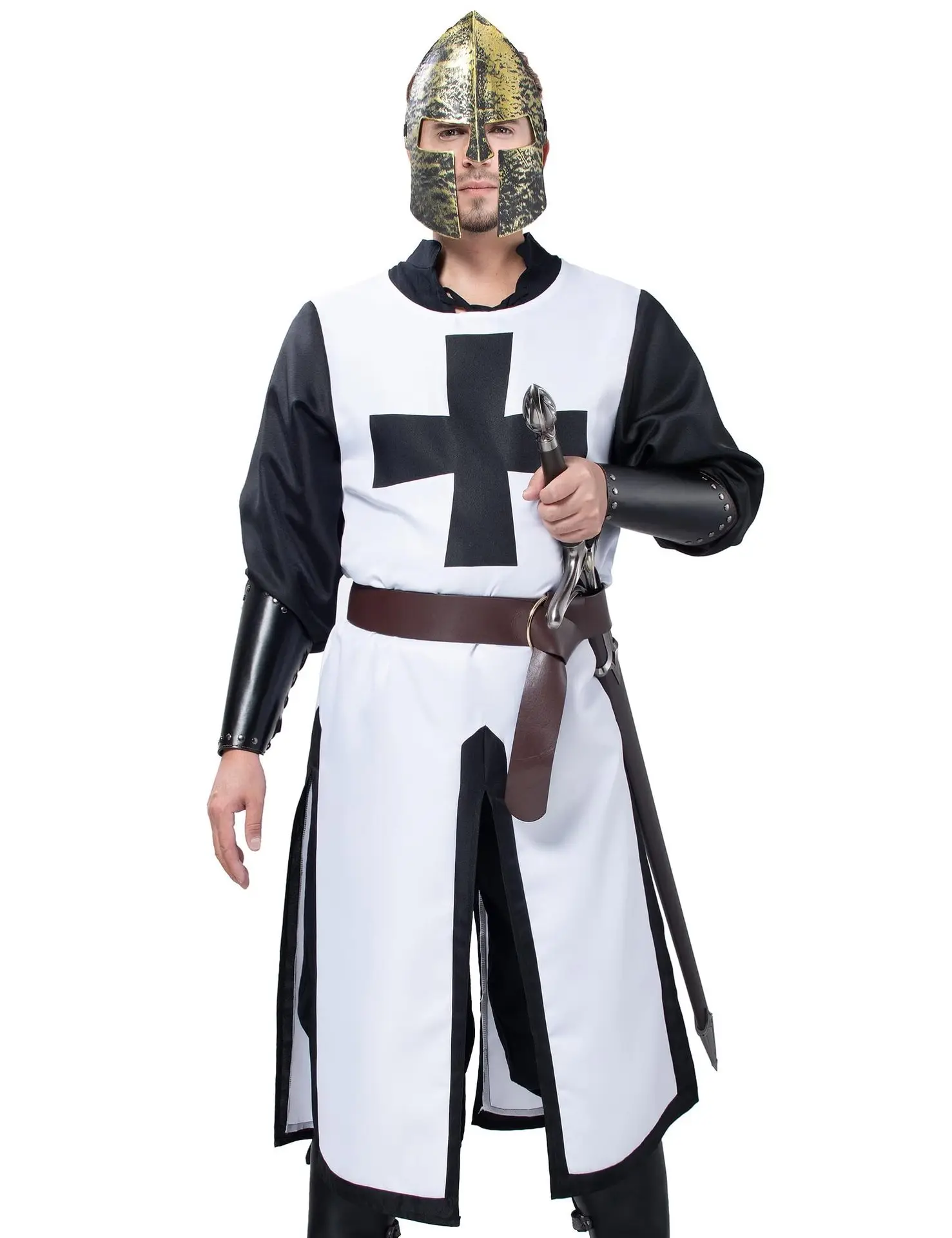 3 قطعة رجل القرون الوسطى عصر النهضة الصليبية فارس تونك تمبلار رداء هالوين تأثيري المحارب زي قناع حزام مجموعة