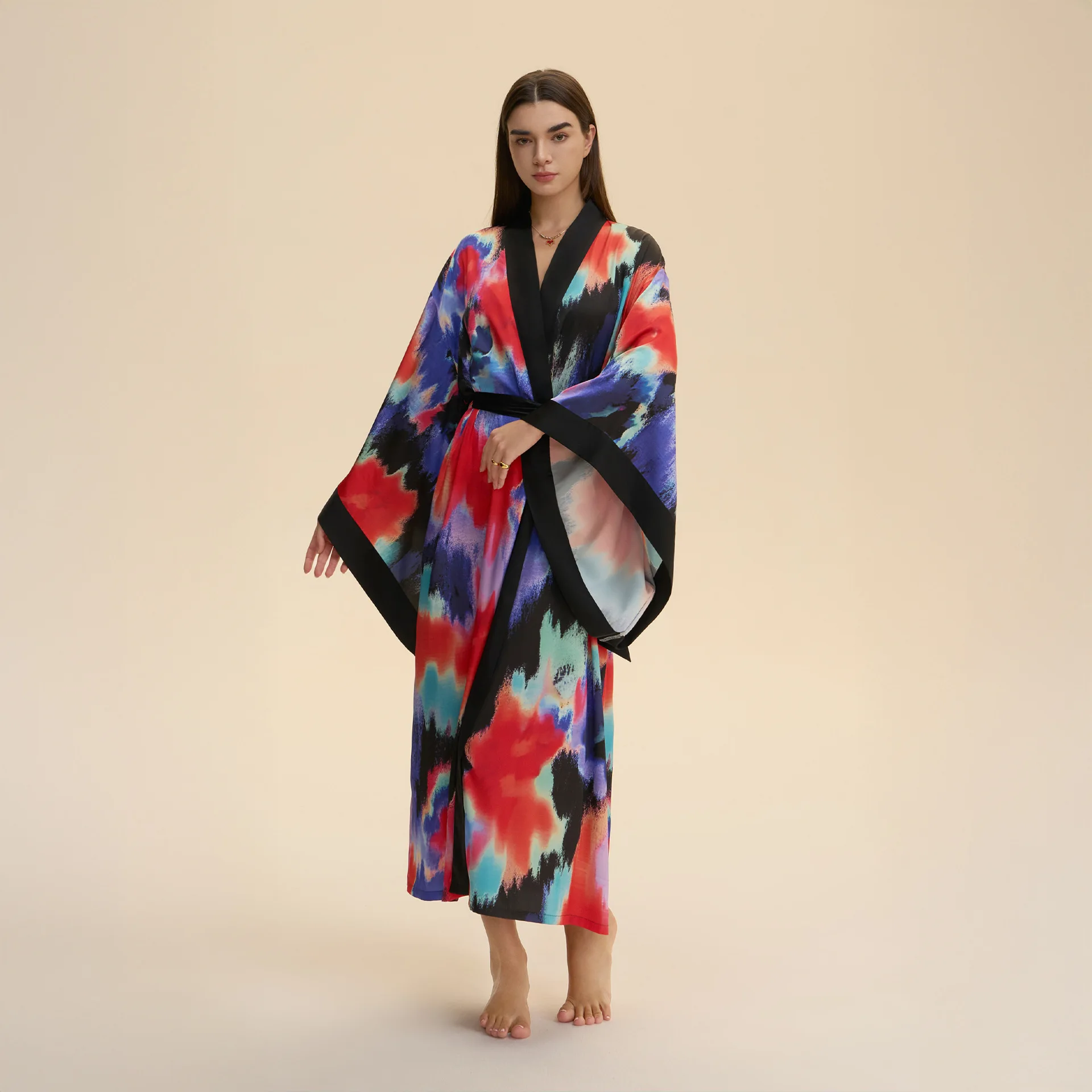 

Женский длинный халат, элегантный халат с принтом тай-дай, ночное белье, кимоно, халат, весна-лето, шелковое атласное домашнее платье, одежда для дома