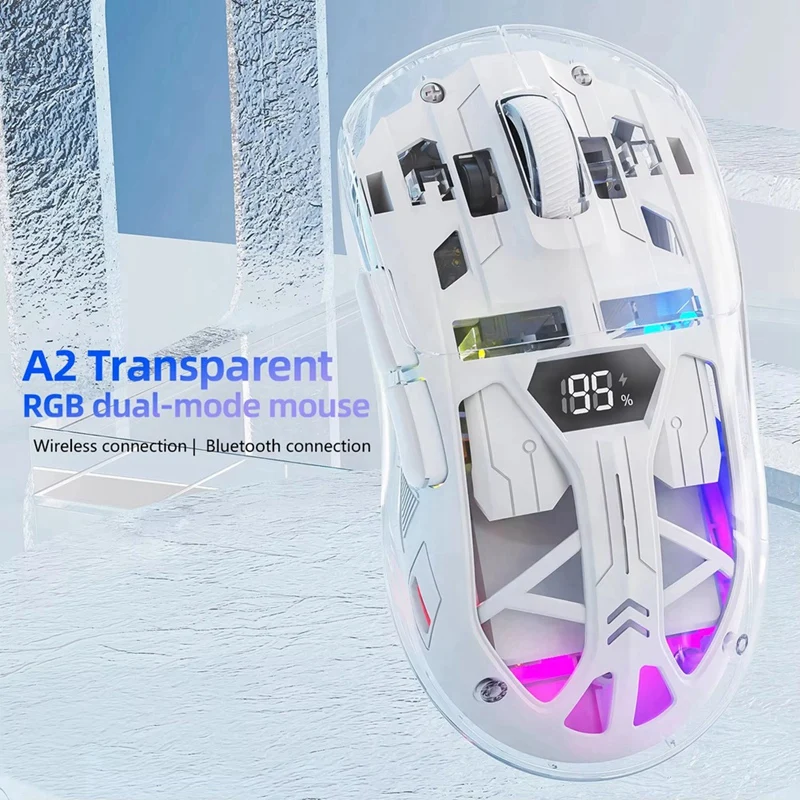 A7QHO-Transparent Wireless Mouse With Digital Screen,2.4G RGB 4000DPI 5-Step Adjustment,Bass Keys,Bluetooth Gamer Mouse