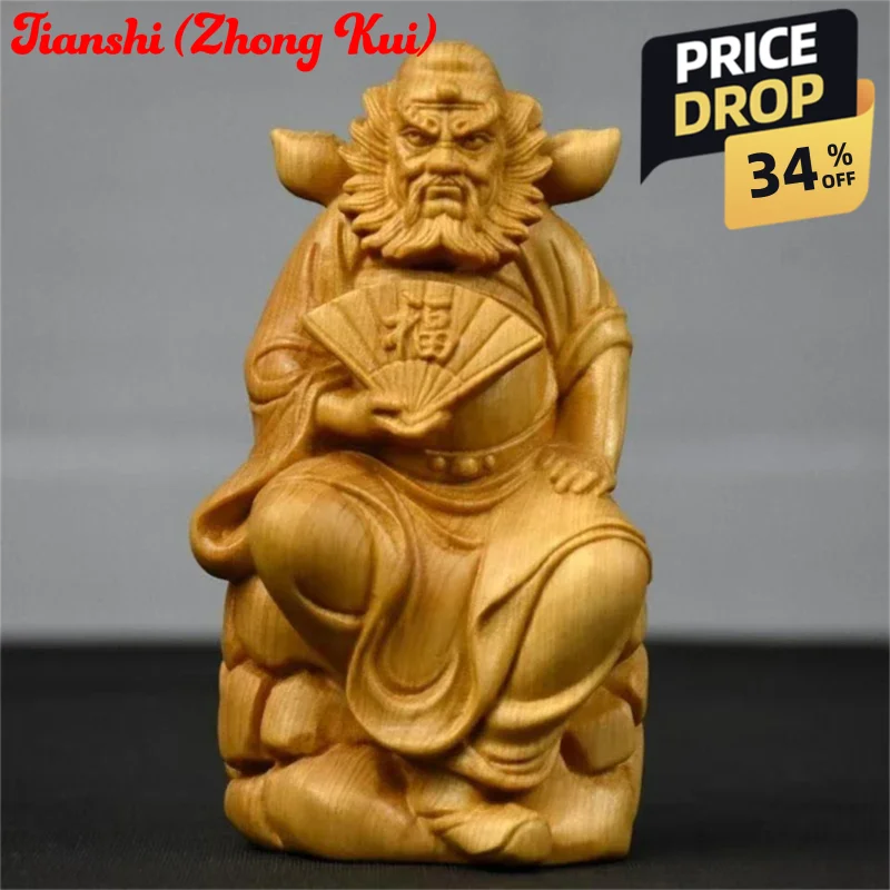 wood carving Tianshi Zhong Kui figurine decoration Solid Wood Carving Home Room Office Wealth Luck Feng Shui Decor buddha wood