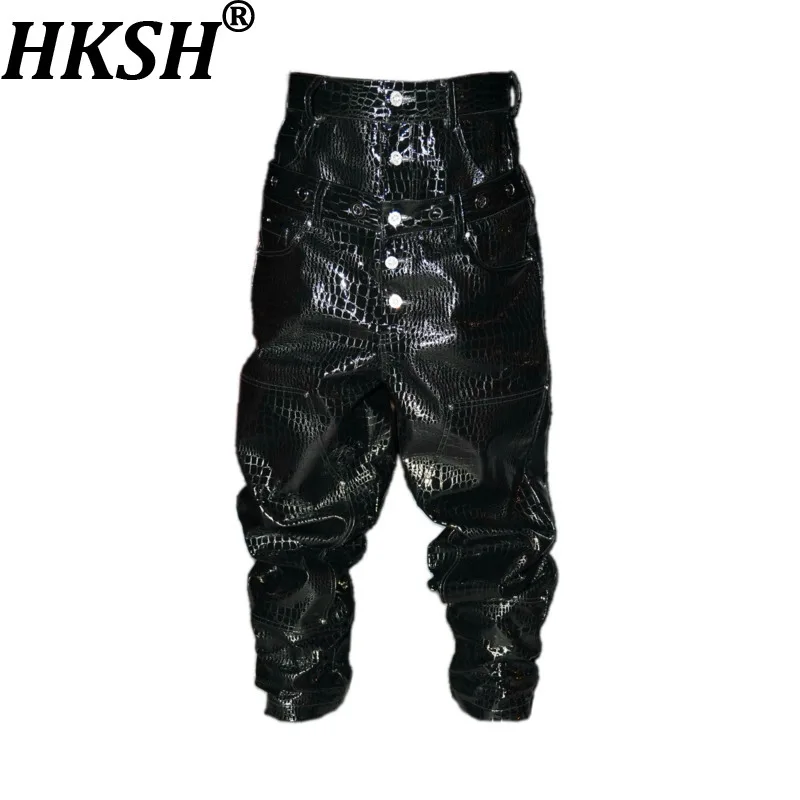 

HKSH осень зима новые мужские темные кожаные брюки с капюшоном в стиле панк с двойной талией куртка из искусственной кожи модное шикарное авангардское пальто HK17723