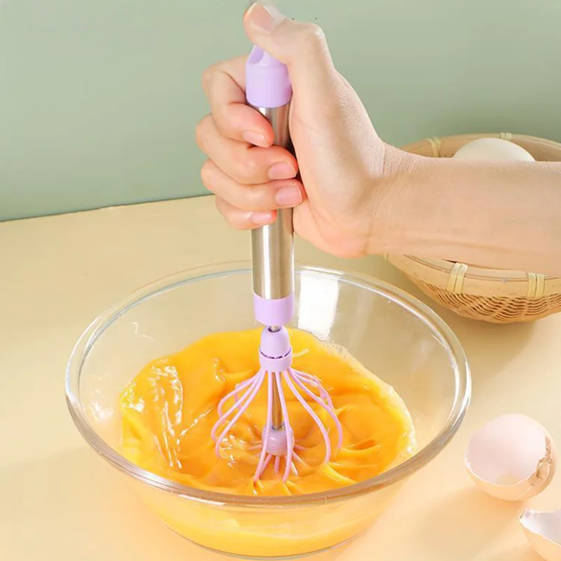 Semi Automatic Egg Beater Adjustable Press Rotate Egg Whisk Nylon Stainless Steel Manual Hand Stirrer for Kitchen Baking Cooking