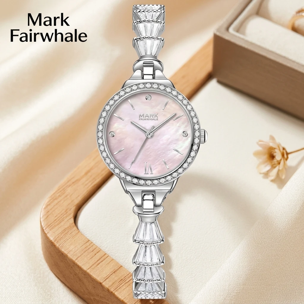 Mark Fairwhale Ladies Wrist Watch Quartz Movement Round MOP Dial Full Crystal Bezel T Shape Rhinestone Band for Women