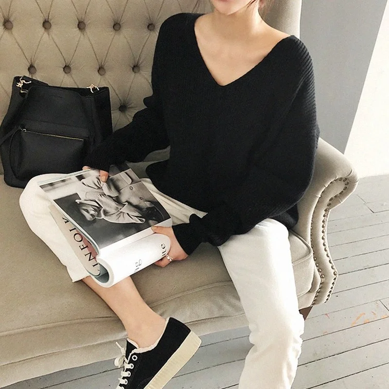 Fashion Korean Knitted Solid Women Sweater Elegant V-Neck Tops Casual Loose White Pullover Autumn Winter Clothes Pull Femme 7290