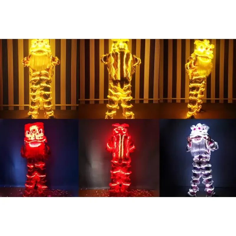 LED Luminous Lion Dance Costume Traditional Chinese New Year Festival Stage Performance Cotton Men Clothing Glowing Head Suit