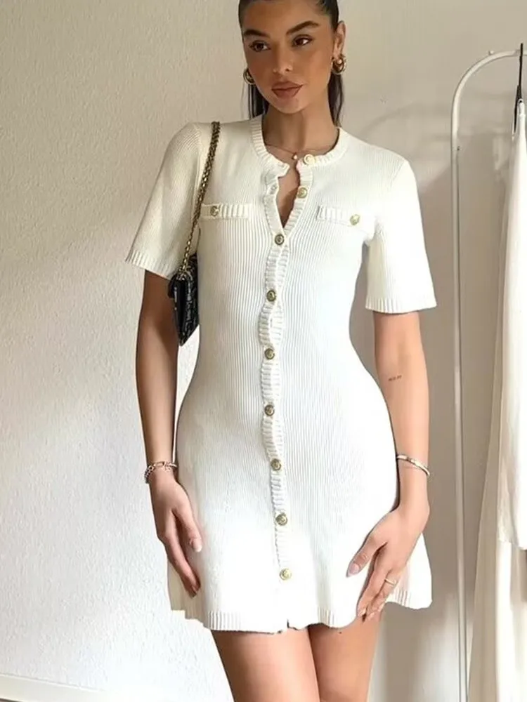 Solid Color Elegant Knitted Mini Dress For Women Metal Button Sexy Slim Rib Sweater Dress Holiday Party Outfits Spring 2024 New