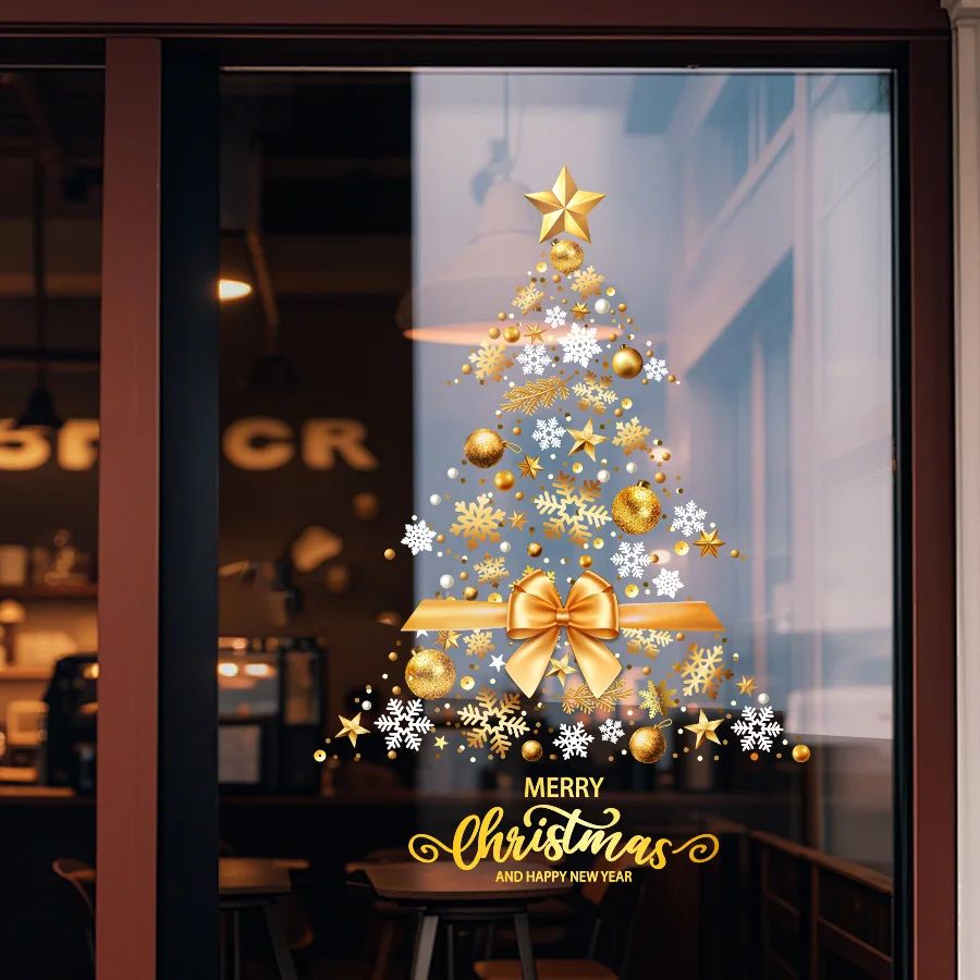 45× 60 cm goldene elektrostatische Fensteraufkleber mit Weihnachtsbaum-Motiv, wiederverwendbare, klebefreie Glasaufkleber, Schneeflocken, Sterne, Schleifen, Weihnachtsmotiv