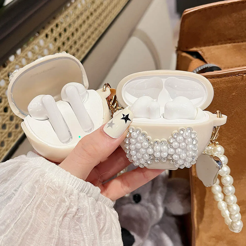 3D Pearl Diamond Bow Case For OPPO Enco Air 2i Air3 Soft Protective Wireless Earphone Cover With Electroplated Bowknot Bracelet