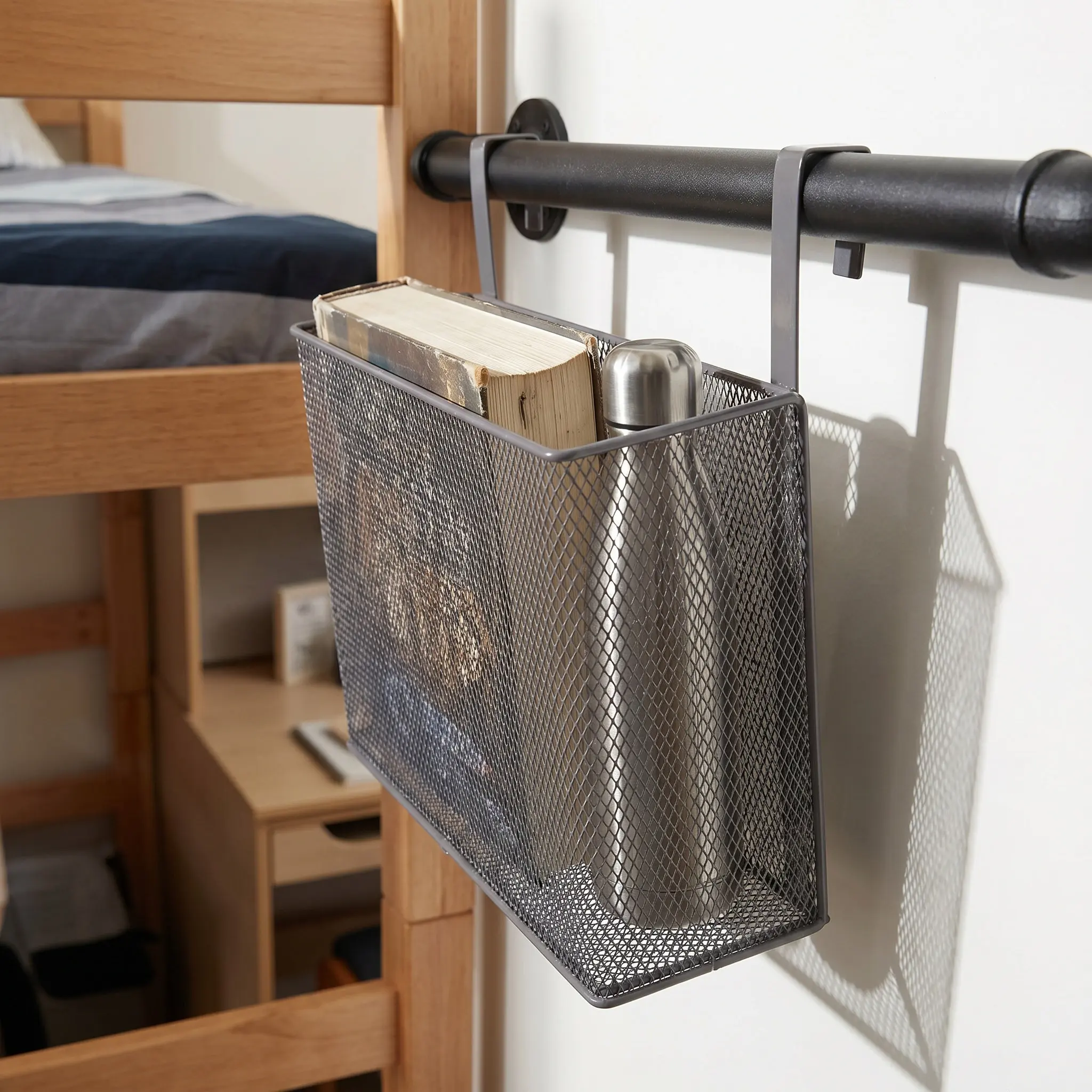 Metal Bedside Mesh Hanging Storage Basket Organizer for Dorm Bunk Bed Large Shelf Magazine Remote Phone Drink Holder Caddy