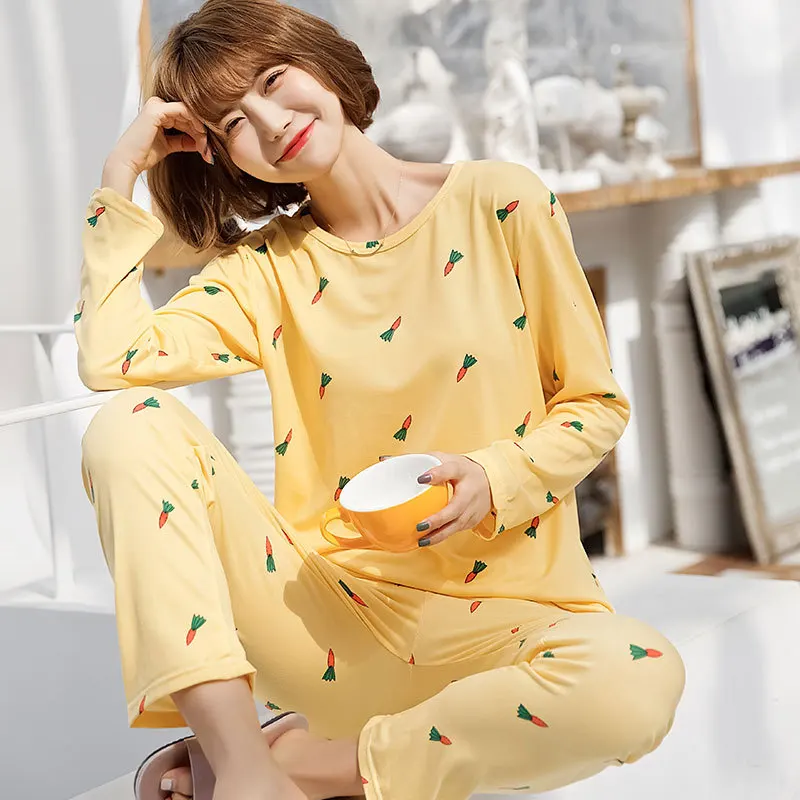 

New Spring and Autumn Pajamas Homewear Suit Women Simple Fresh Leisure Ladies Long-Sleeved Can Be Worn Outside Homewear Suit