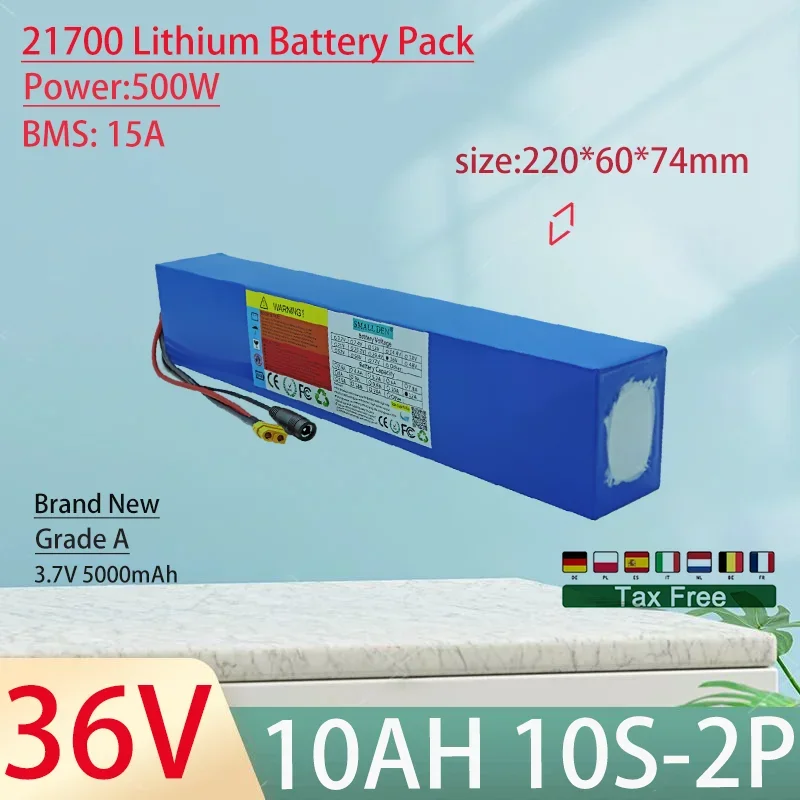 36V 10Ah 21700 10S2P Lithium Ion Battery Pack 500W Power Tool Batteries Outdoor Backup Batteries With 15A BMS+42V 3A charger