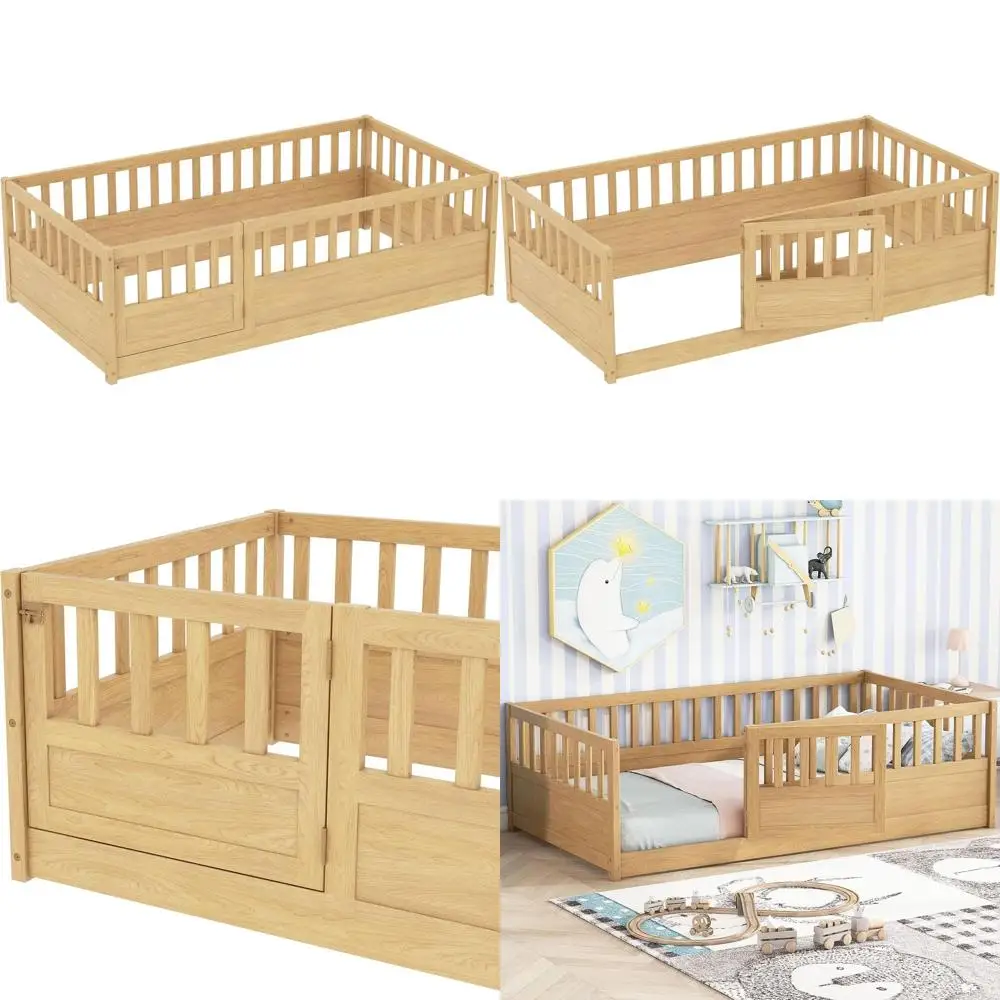 

High-End Kids Twin Bunk Bed with Door and No Slats - Natural Twin