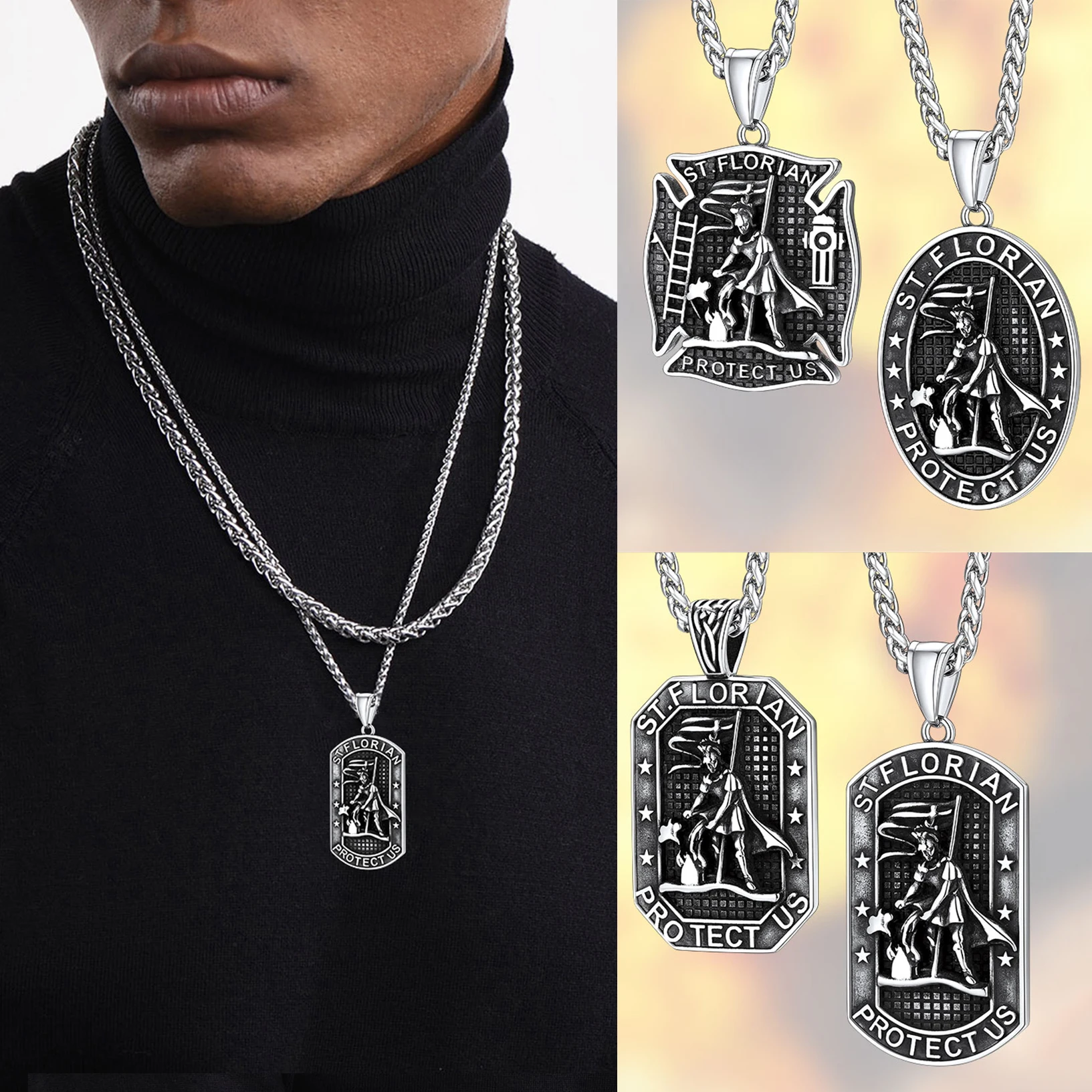 U7 Stainless Steel Saint Florian Necklaces for Man Catholic St. Florian Amulet Protection Jewelry for Firefighters Fire Fighter