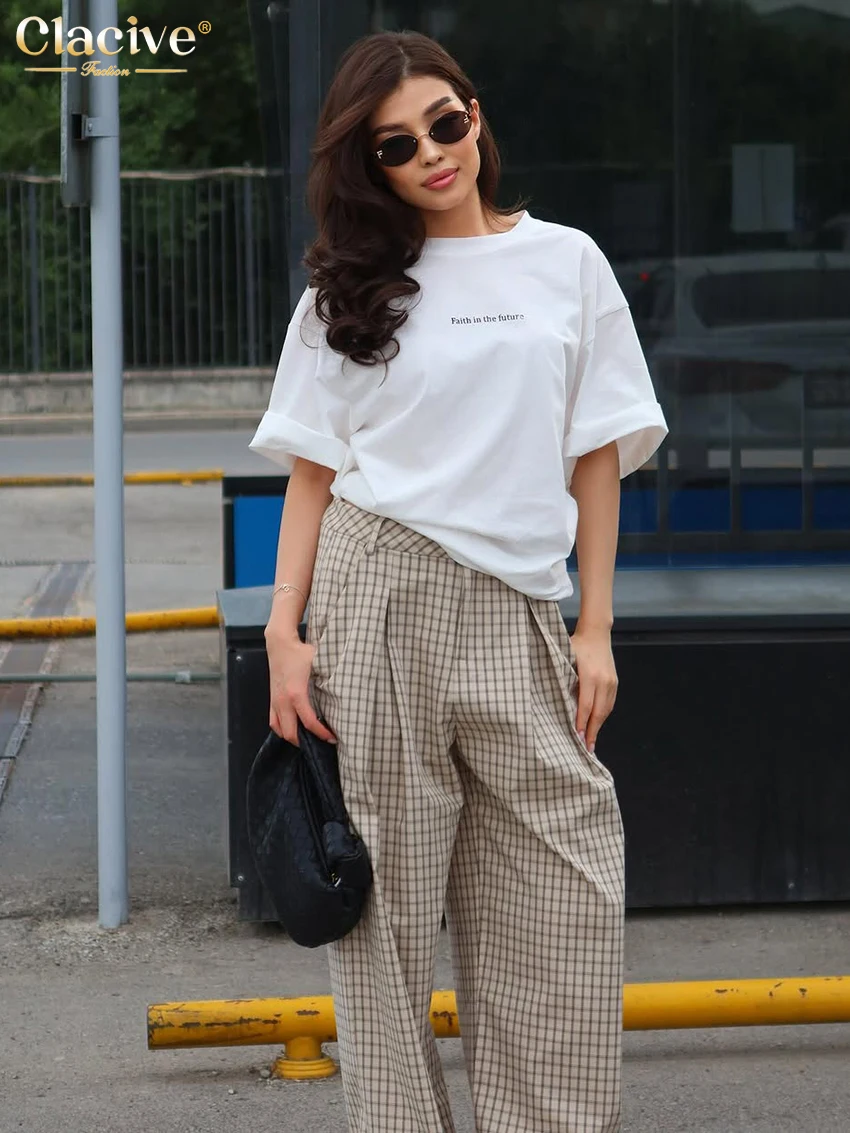 Clacive Fashion Loose Plaid Print Women's Pants 2025 Casual High Waist Wide Trousers Elegant Classic Pants Female Clothing