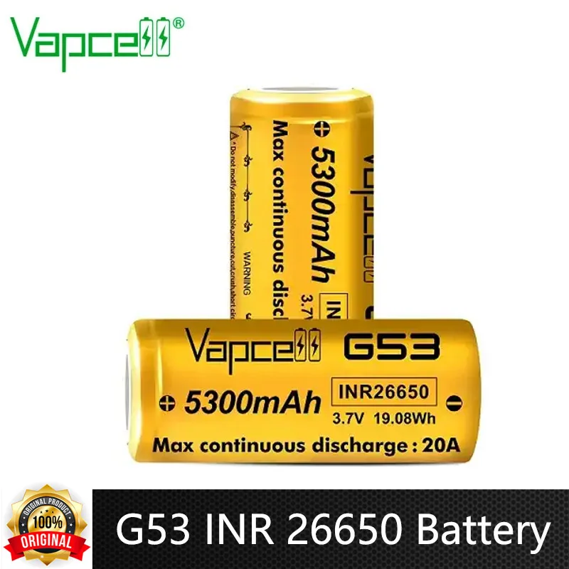 Original Vapcell G53 INR 26650 Battery 5300mAh Capacity 20A 3.7V Rechargeable Li ion Battery For Electric Bicycles Golf Carts