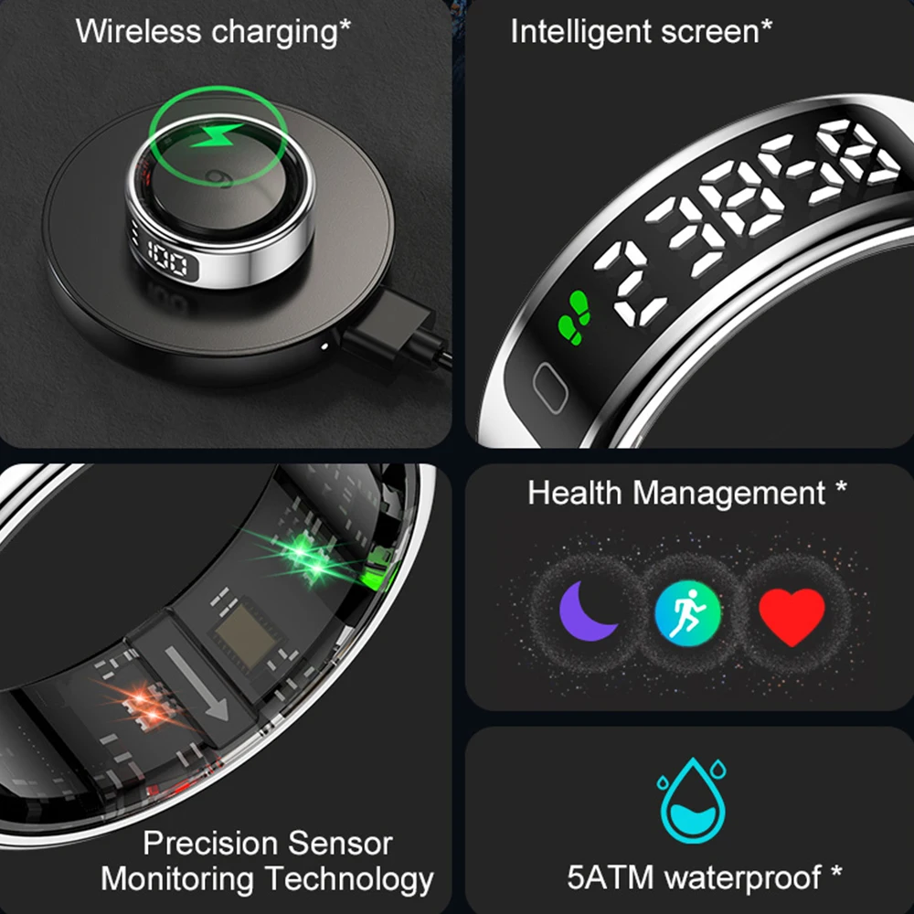 R11+ Fitness Smart Ring Display Screen Smart Touch Stainless Steel Intelligent Men Women Ring Health Tracker 5ATM Waterproof