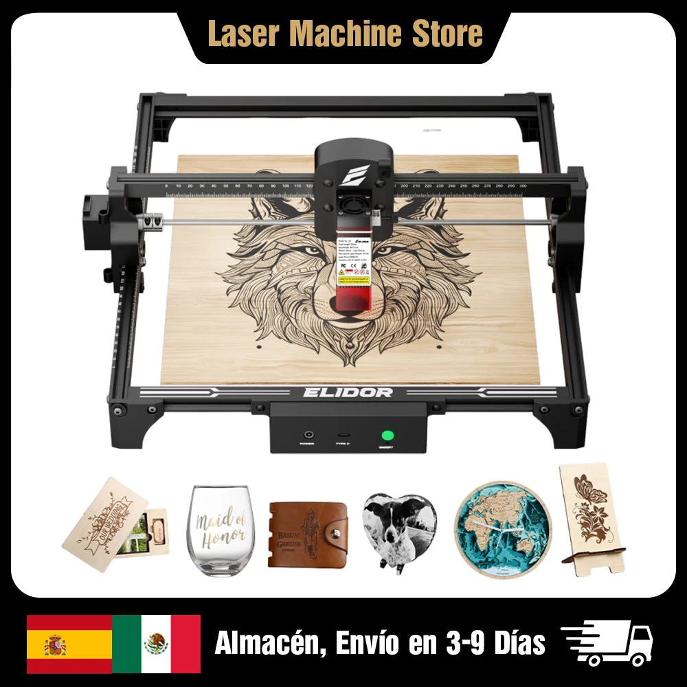 Elidor Z6 6W Máquina Grabadora Láser Cortadora CNC para Marcar Madera Área de Trabajo de 300 x 300 mm Máquina de Corte Láser Diodo para Bricolaje Doméstico Grabado de Logotipos Herramienta para Trabajar la Madera