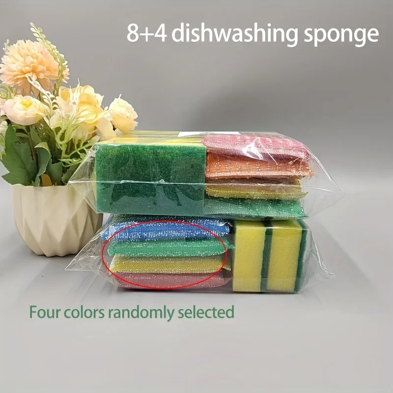 A set of 12 multifunctional cleaning sponges, scratch free wiping sponges, 8 sponge wipes, and 4 scrubbing pads