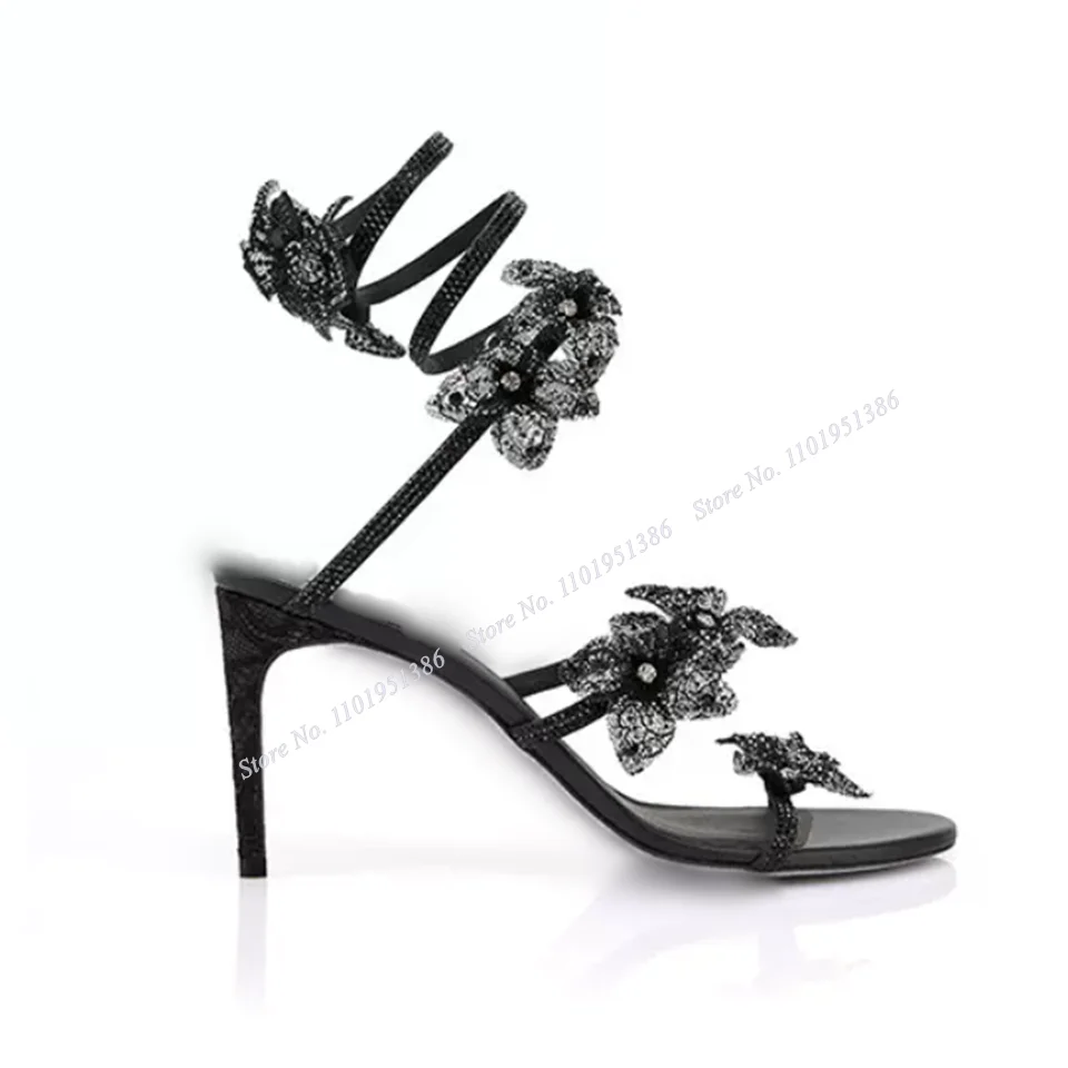 

Black Crystal Flower Decor Sandals Solid Twine Shoes Thin Heel Shoes for Women High Heels for Wedding 2023 New Zapatillas Mujer