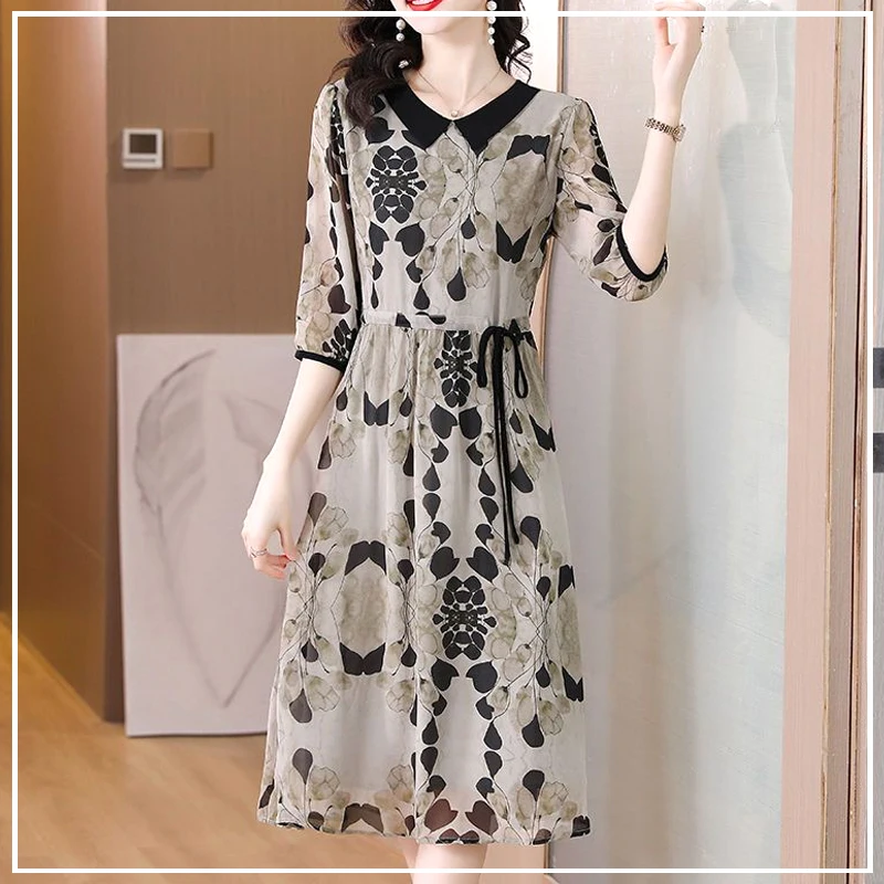 

2024 New Summer Upscale Temperament Commuting Casual Versatile Lapel Drawstring Waist Slimming Print Short Sleeved Dress