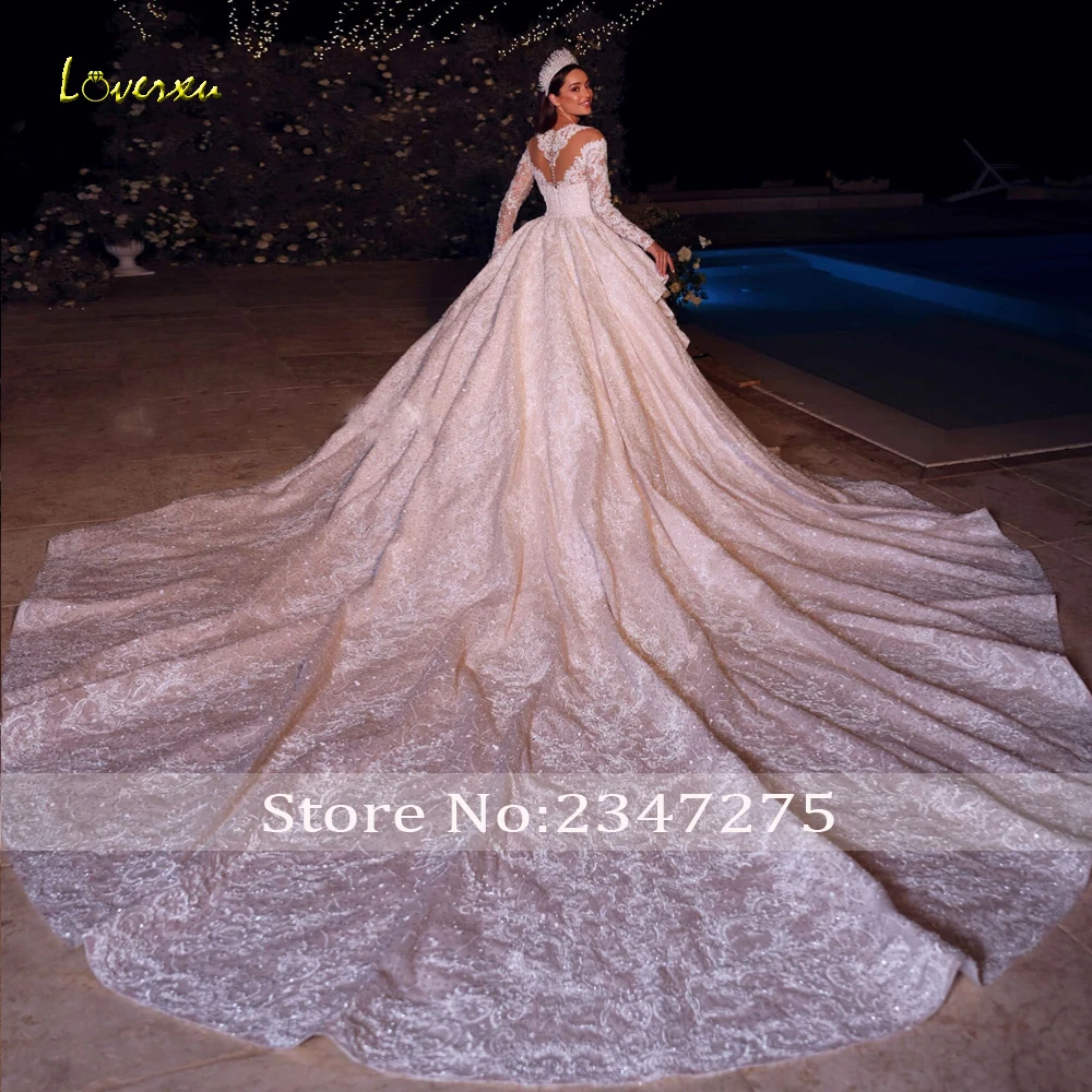 Loverxu Ball Gown Royal Wedding Dresses O-Neck Long Sleeve Vestido De Novia Lace Embroidery Chapel Train Custom Made Bridal Gown