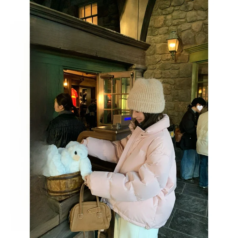 

Cute Short Puffer Jacket Stand Collar Duck down Women's Thickened Winter Coat Warm Commuter Style No Hood 90% down Content