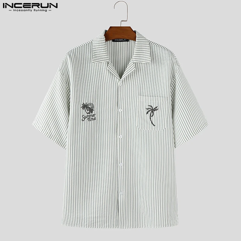 

INCERUN Мужская полосатая рубашка с вышитыми лацканами и коротким рукавом, повседневная мужская одежда, летняя уличная одежда, свободные модные мужские топы для отдыха