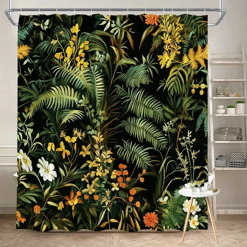 

1 шт., занавеска для душа с цветочным узором в тропических джунглях, полиэфирная ткань, можно стирать в машине, подходит для украшения ванной комнаты