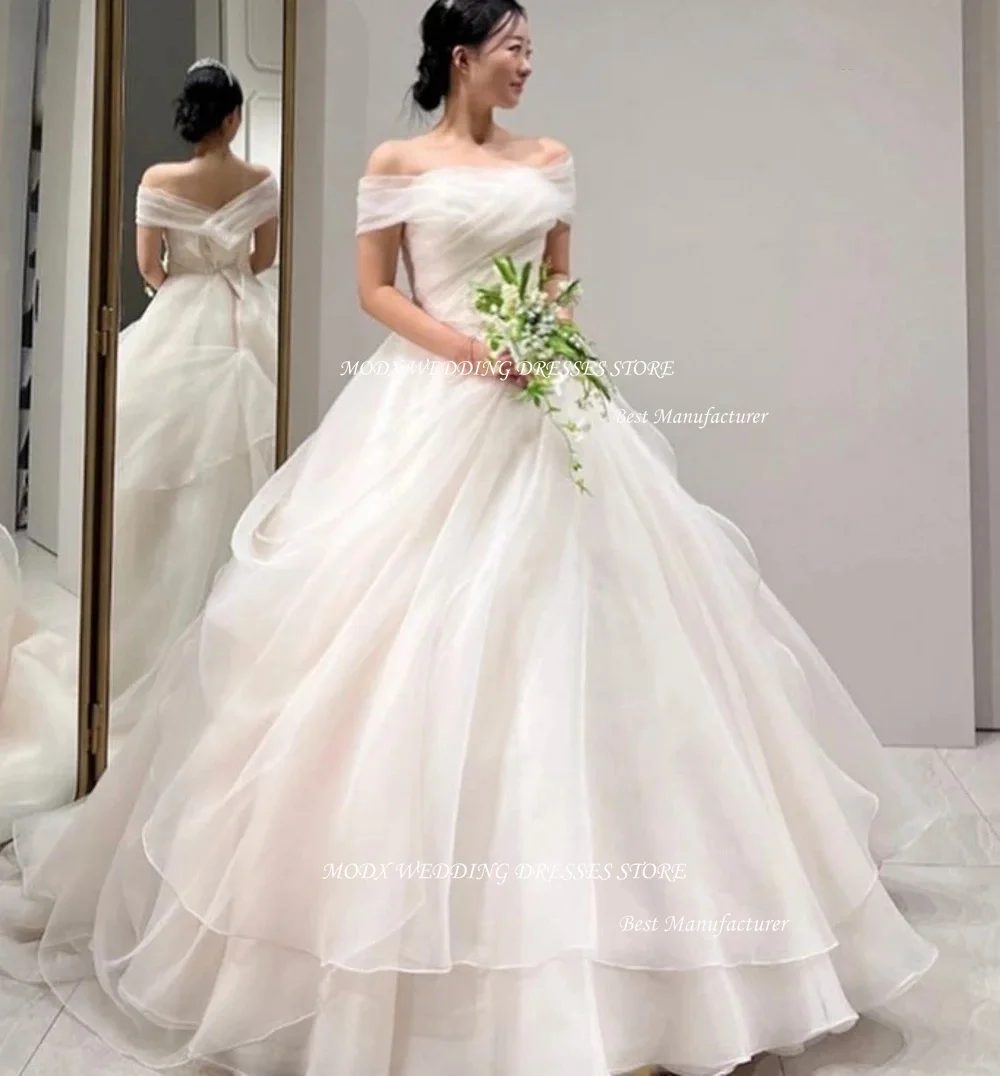 MODX  Tiered Elegant Korea Wedding Dresses Off Shoulder Organza  Ivory Korea Simple Custom Made  Brides Gowns Women Bridal Dress