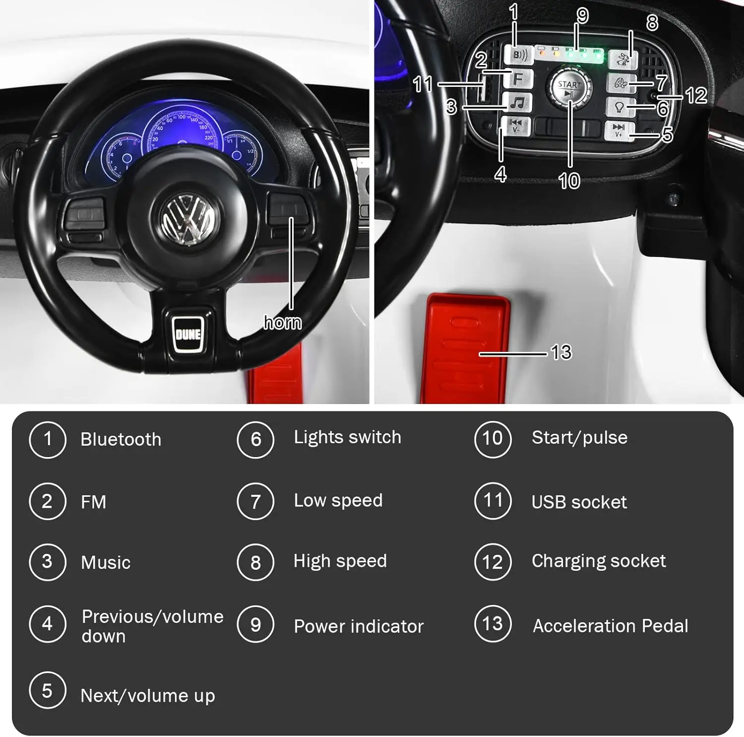자동차 탑승, 12V 라이센스 폭스바겐 비틀 배터리 구동 차량(원격 제어 포함), 스프링 서스펜션, 조명, USB, 경적, Musi