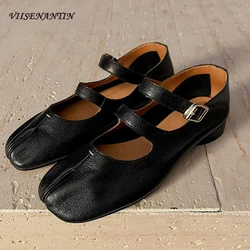 Spring New Genuine Leather Split Toe Tabi Ninja Mary Jane Shoes Women Double Buckle Belt Shallow Flat Heel Lolita Loafer Females