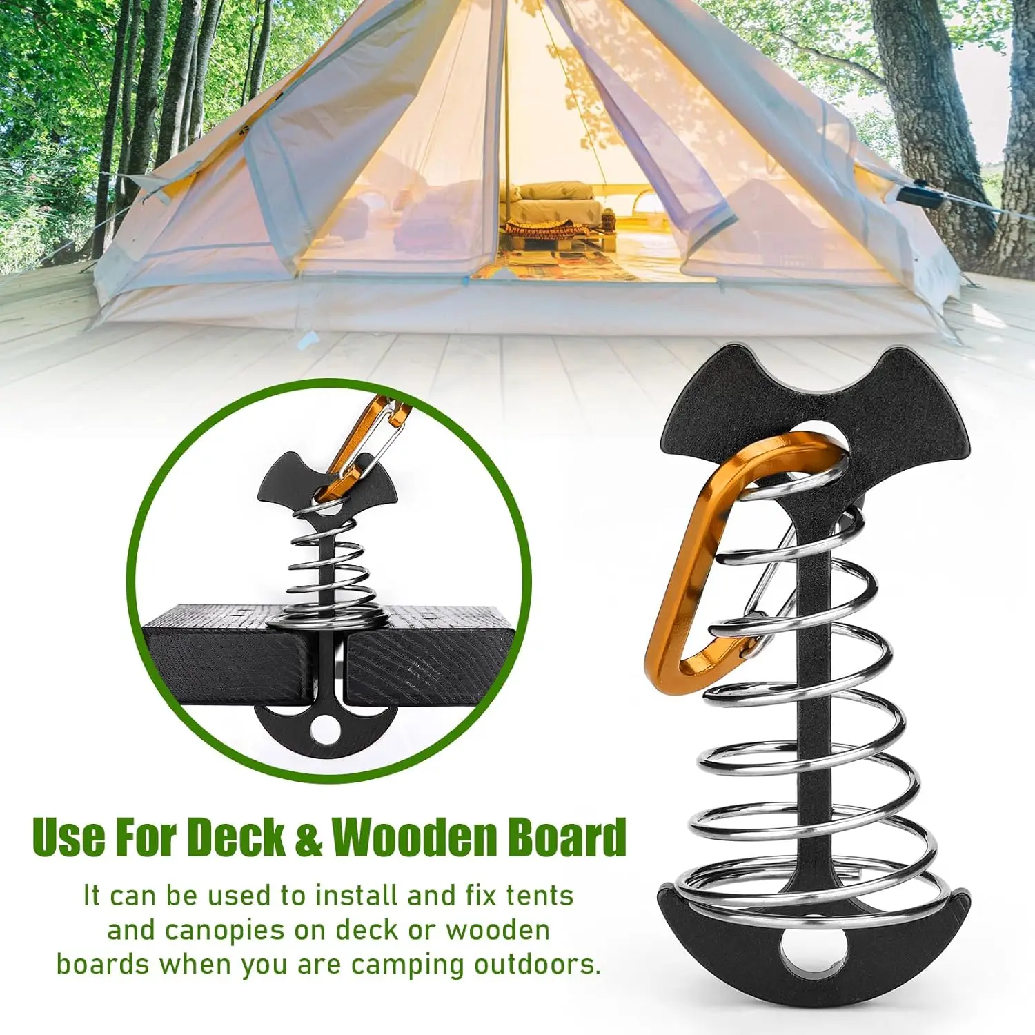 Black Fishbone Deck Anchor Pegs with Carabiners, Aluminium Deck Tie Down Tent Stakes, Windproof Tent Rope Tighteners with Spring