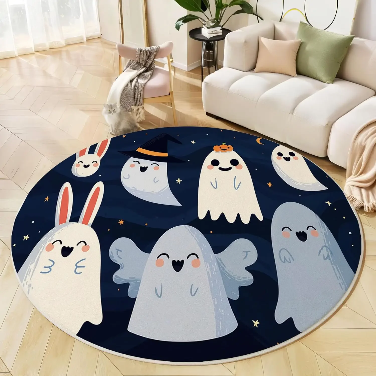 Horror Theme Round Rug Washable Bedroom Round Area Rugs for Entryway,Soft Living Room Circular Rugs Cartoon Ghost Design NonSlip