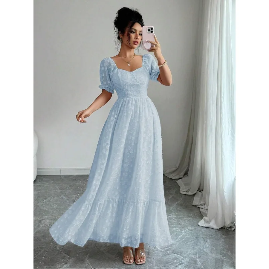 

【New style】Modelyn Women's Puff Sleeve Jacquard Fabric Design Flared Hem French Elegant Sweet Summer Dress