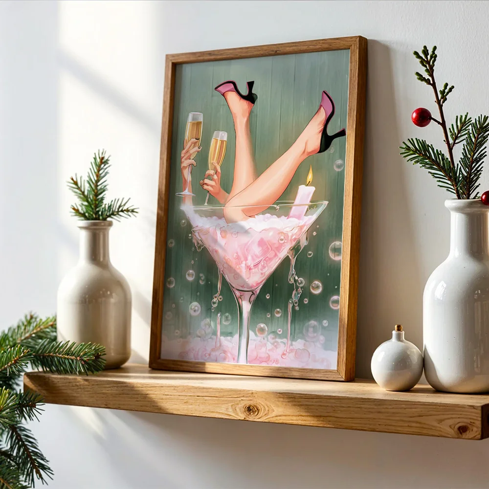 Vintage Abstract Wine Glass High Heels Lady Trendy Home Decor, Fun Canvas Poster Wall Hanging, Aesthetic Design For Living Room