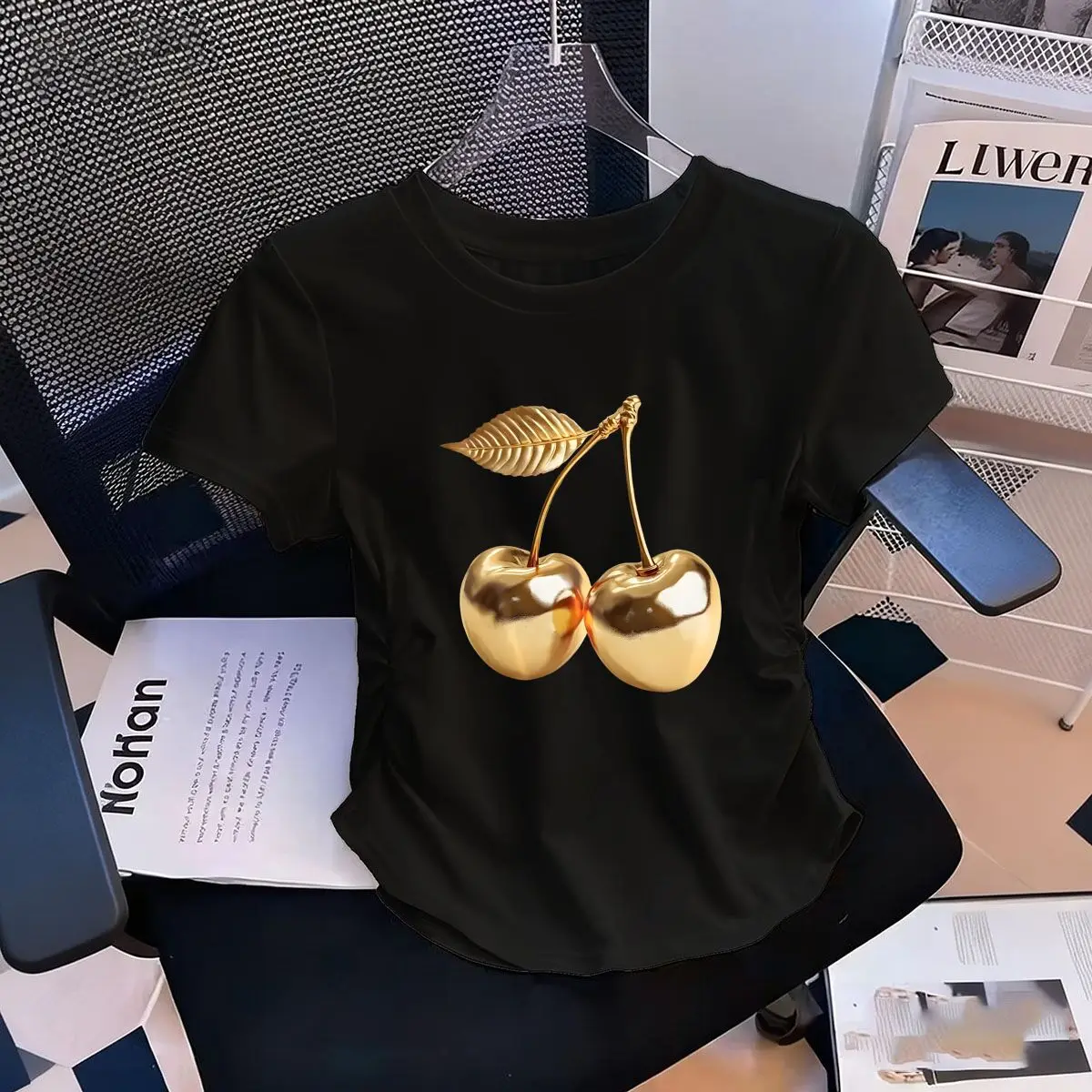 Women's Waist-Defining Elastic T Shirt Golden Cherries Printed Short Sleeve Round Neck Top Harajuku t-shirts