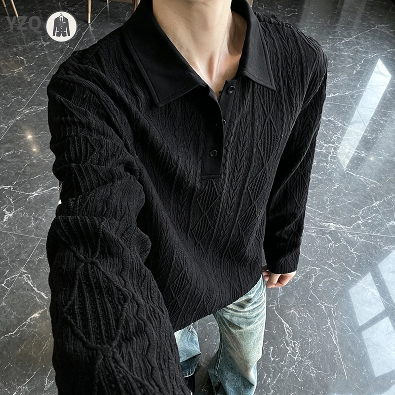 Mens Basic Lapel Knit Polo Long Sleeve Diamond Cable Embossed Texture Wrinkle Resistant Daily Garment