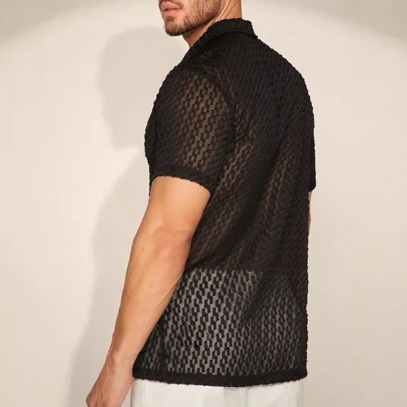 

Fashionable Casual and Form-fitting Top Men's Clothing In-stock New European and American Men's Lace Jacquard See-through Shirt