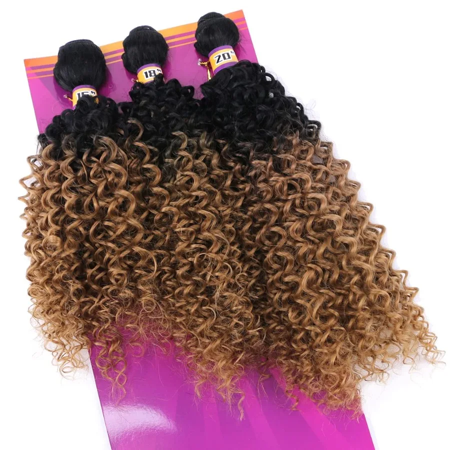 غريب مجعد الشعر الاصطناعية نسج 3 حزم 16 18 20 بوصة الأسود والذهبي شقراء أومبير وصلات شعر ملونة ل NaturalLoo