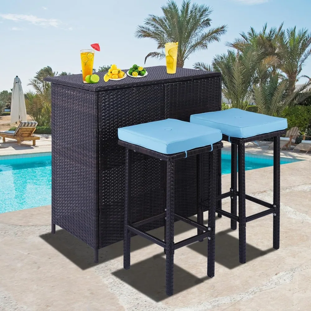 3PCS Patio Bar Set Outdoor Furniture Set Wicker Bistro Set with Two Stools for Patio Backyard Balcony