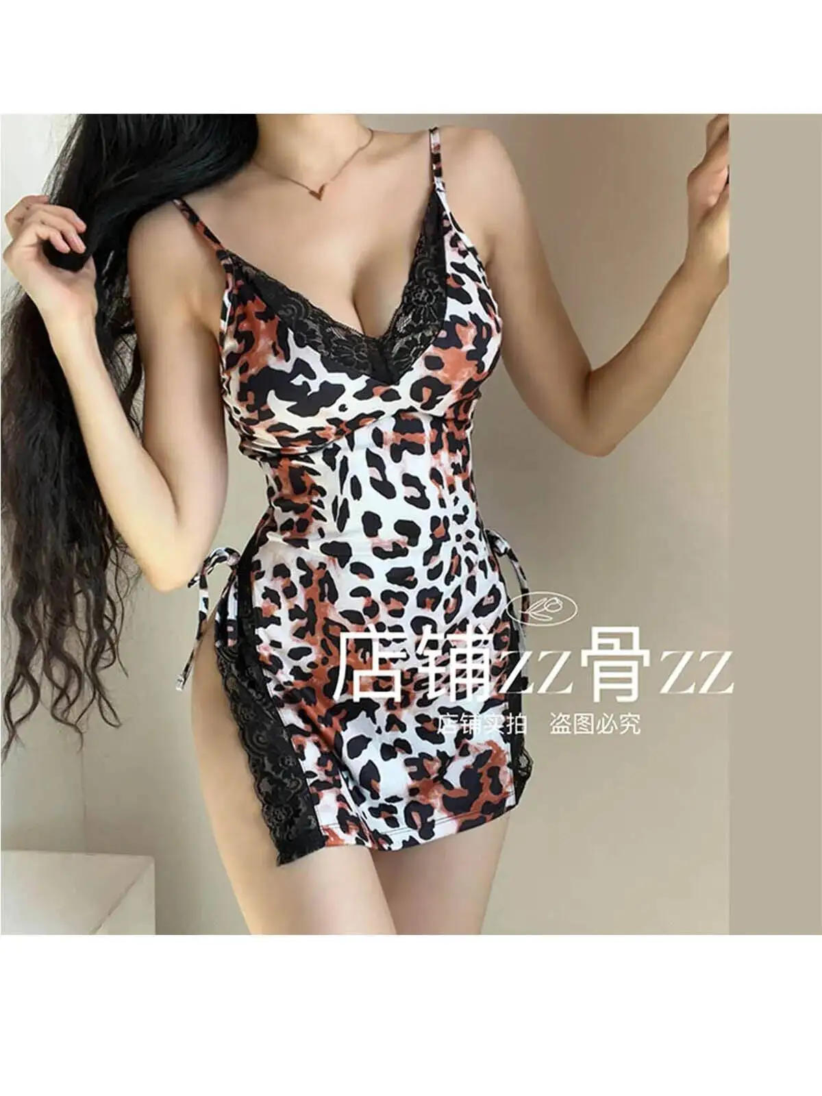 Nieuwe Stijl Sexy Pure Desire Hot Meisje Kant Splicing Split Gedrukt Band Jurk Elegante LUIPAARD Zoete Vrouwen Tops Jurk B7YY