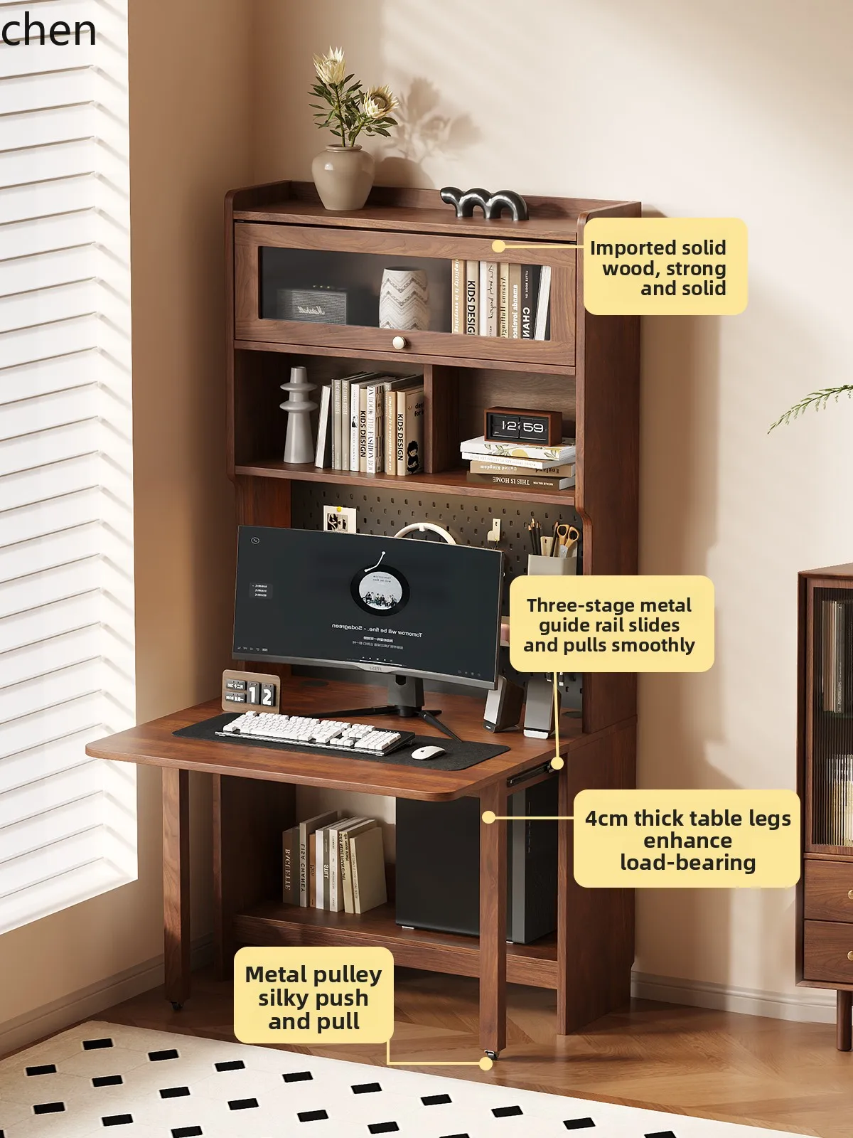 solid wood desk bookshelf integrated against the wall office home study narrow table folding